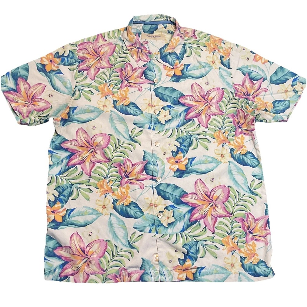 Tommy Bahama Hawaiian Shirt Men L Multicolor Pink Blue Silk Leaves Floral Beach